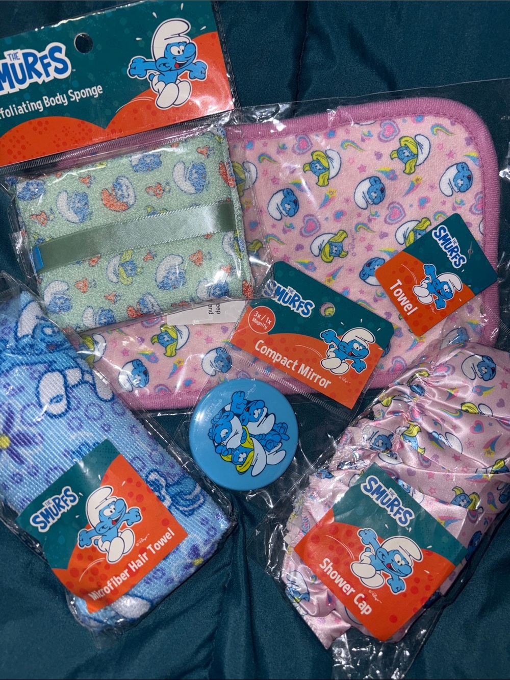 5 Piece Smurfs Bundle - Compact Mirror, Towel, Shower cap, Sponge, & Hair towel